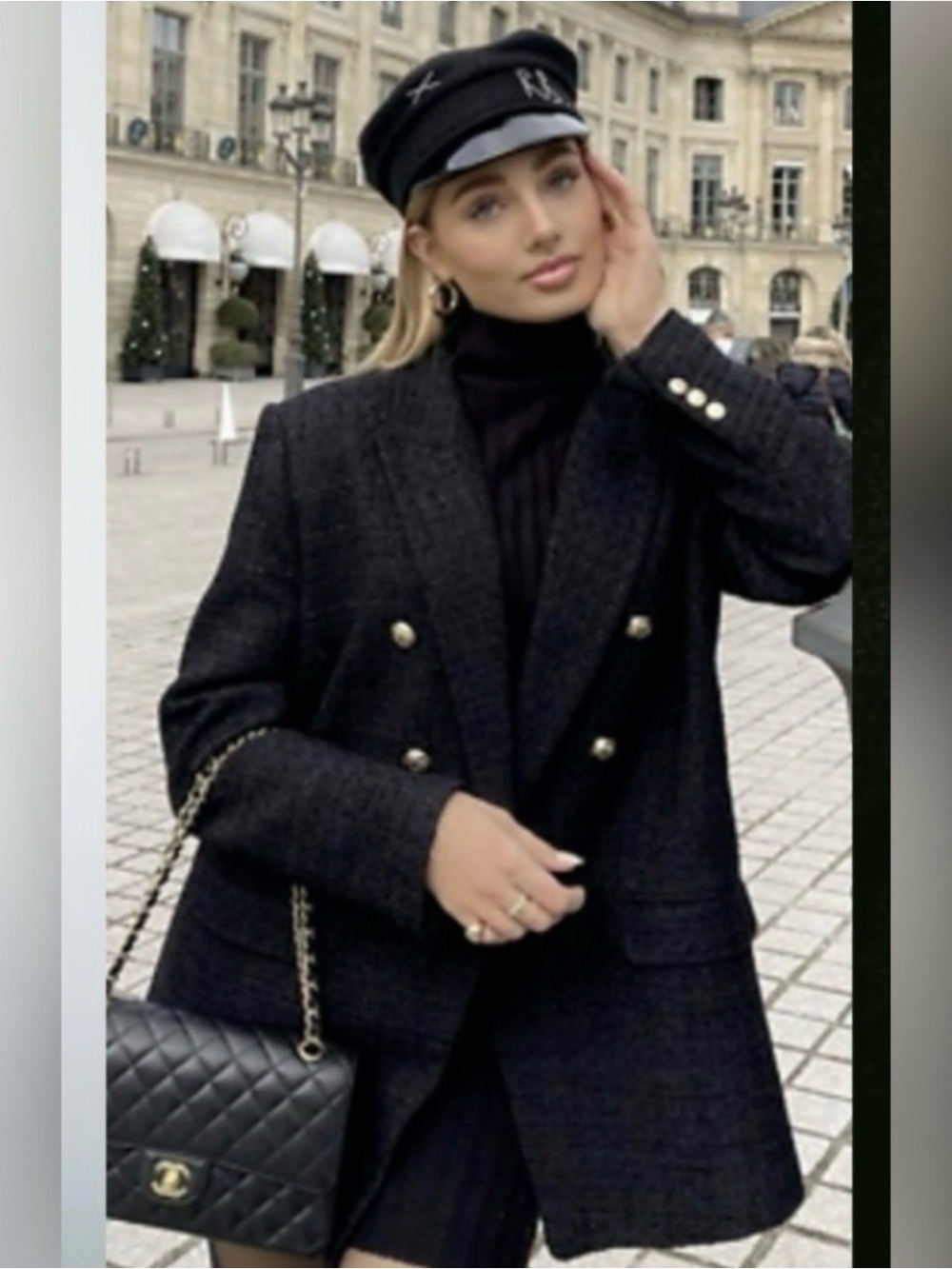 ZARA Black Tweed Double Breasted Gold Button Blazer Jacket L NWT - Picture 6 of 10
